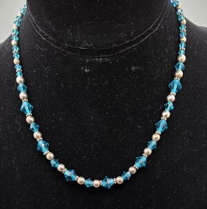 Teal Glass Bicone Crystals & Silver Necklace Wire Strung Clasp is Marked 925